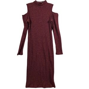 Abbeline Womens Burgundy Ribbed Cold Shoulder Mock Neck Midi Dress Medium
